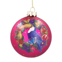 Matt Fuchsia Toucan & Fruit Wreath Glass Ball,  (LxWxD) 8x8x8cm