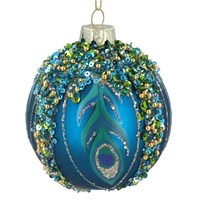 Matt Peacock Blue w Sequins & Peacock Feather, Glass Ball; (LxWxD) 8x8x8cm
