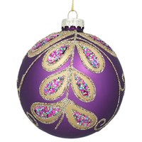 Purple Glass Ball w Gold Peacock Leaves,  (LxWxD) 8x8x8cm