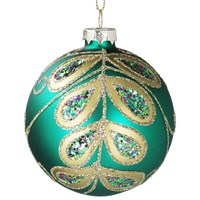 Green Glass Ball w Gold Peacock Leaves