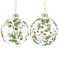 Glass Bauble 8cm - Clear w Oak Leaf /Copper Acorns/Berries, 2as