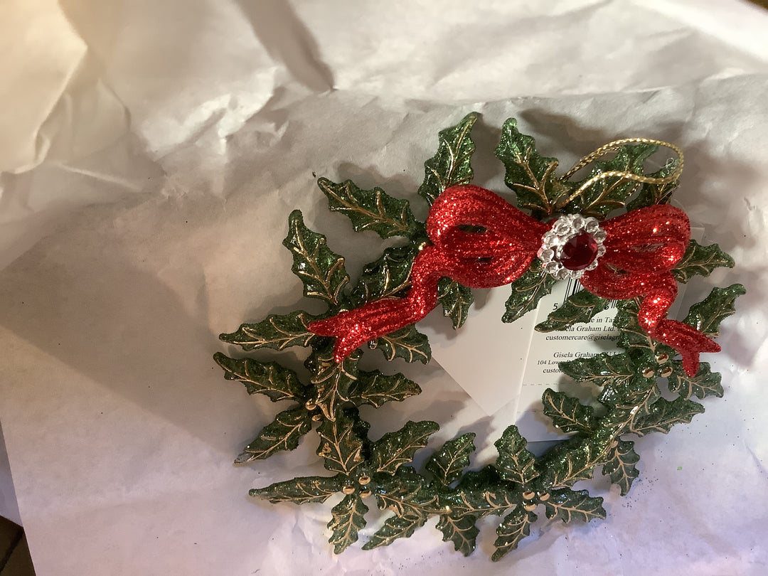Acrylic Dec, 13cm - Holly Wreath w Red Bow