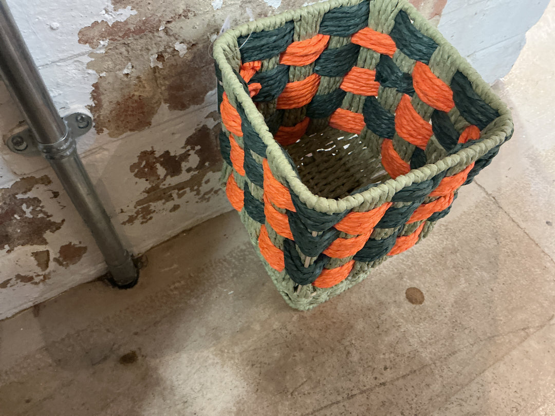 Green & Orange Woven Cube Pot Cover, Tall,  (LxWxD) 26x15x15cm