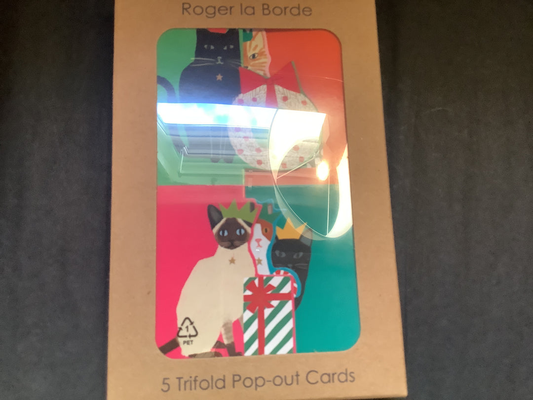 Festive Cat Checkerboard Notecard Pack (5 tri-fold cards in kraft pack)