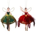 Resin Fairy in Green/Red Fabric/Feather Skirt, Dec, 2as; (LxWxD) 16x9x4cm