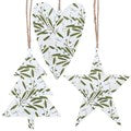 Mistletoe Ivory Tree/Heart/Star Tin Dec, 3as