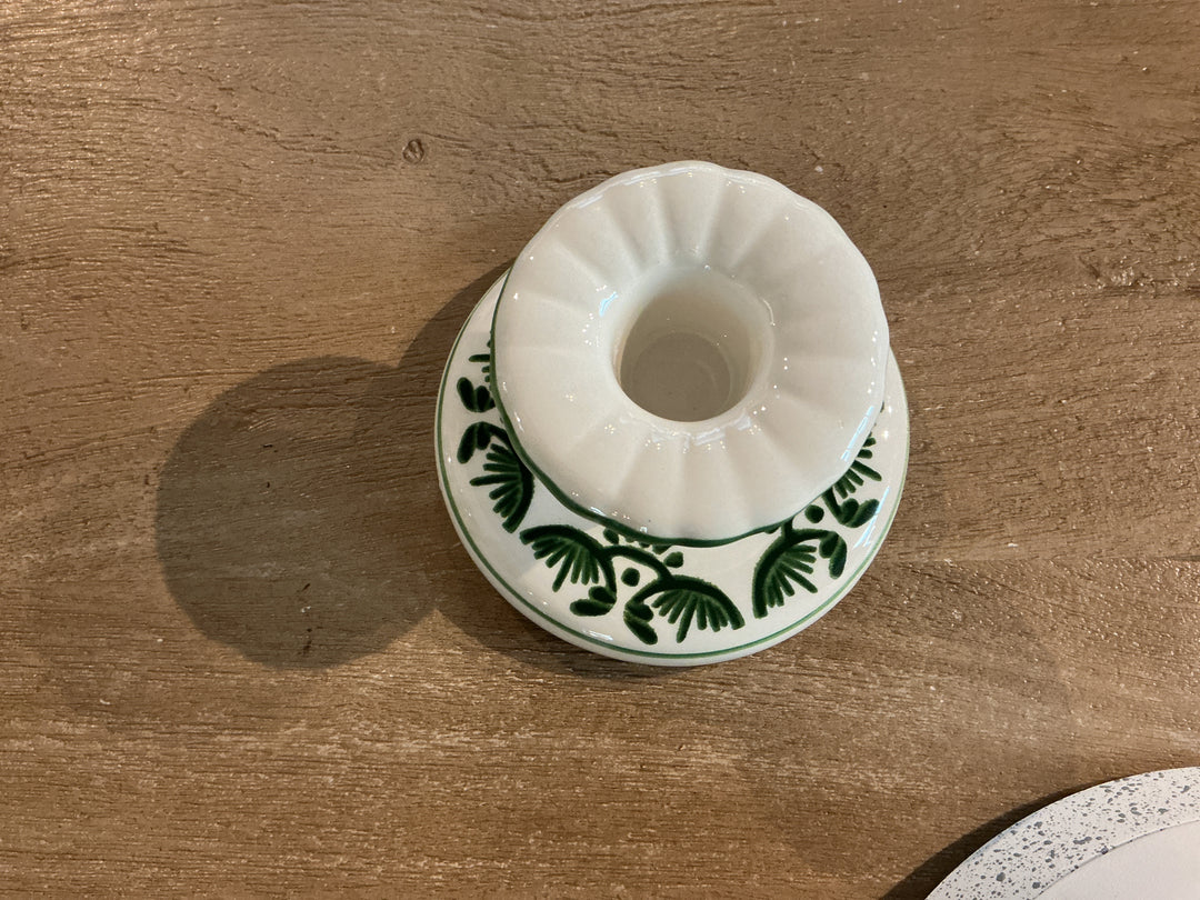 Green Folk Ceramic Short Candlestick,  (LxWxD) 6x9.3x9.3cm