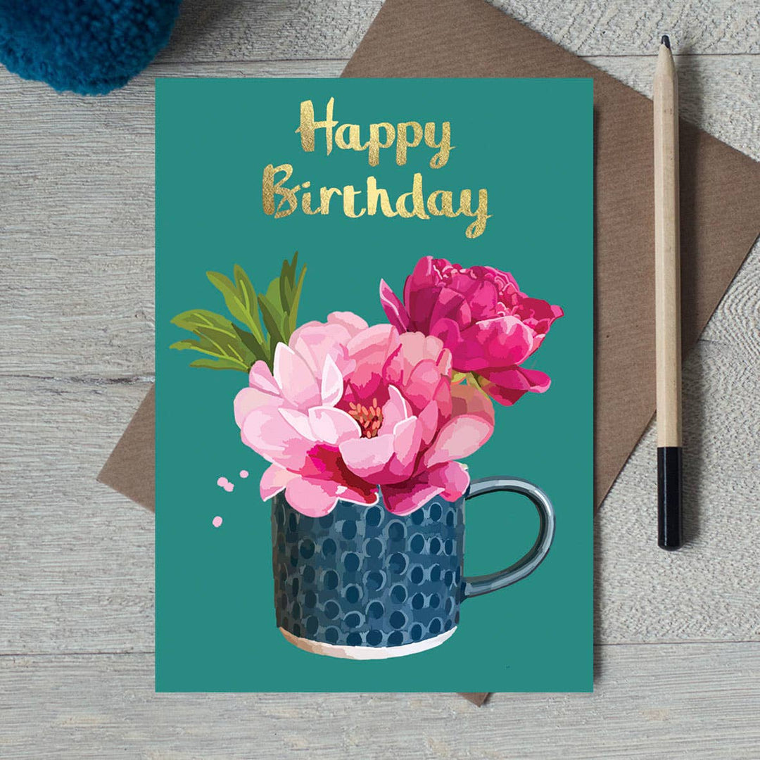 FF 093 - Happy Birthday Peonies in Cup Foiled Greeting Card 