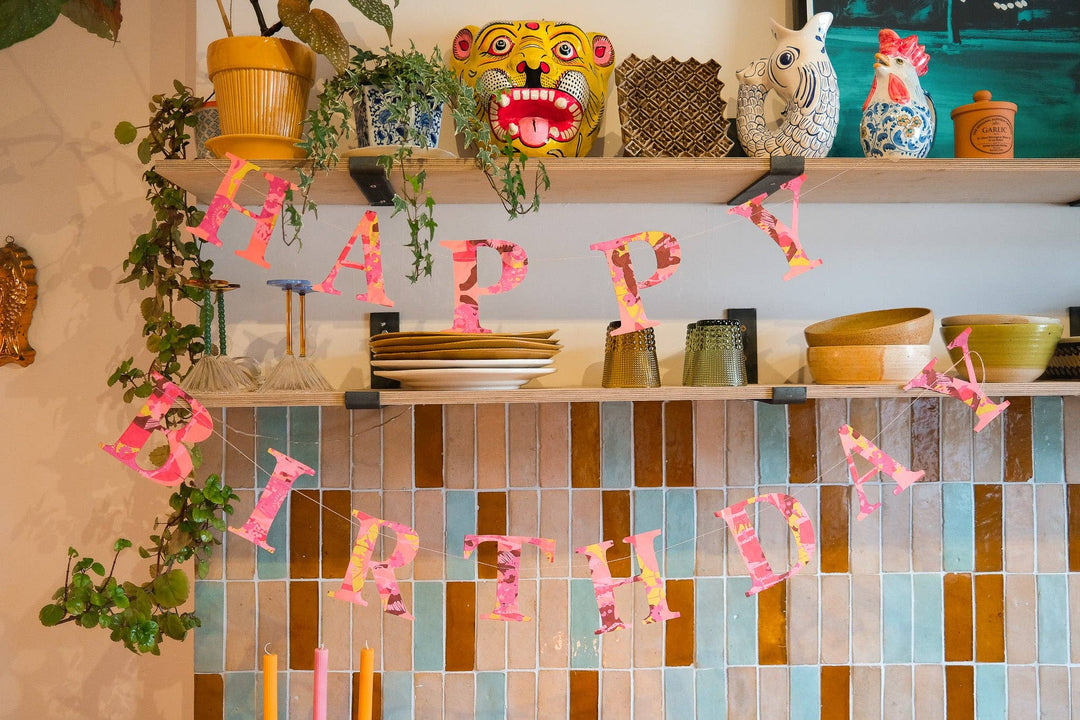 UK/EU: Happy Birthday - Recycled Red Mix Sewn Garland