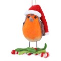 Wool Dec 12cm - Santa Robin on Candy Cane