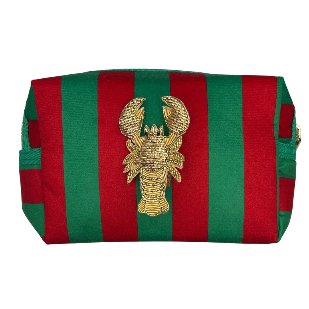 Large Green stripe makeup bag & Gold Lobster Brooch