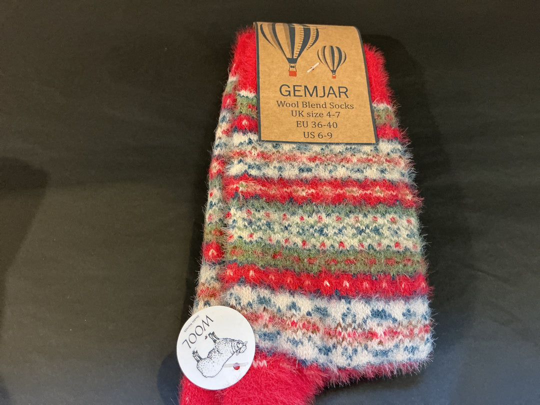 Blue, Red and Green Shetland wool blend socks size 4-7