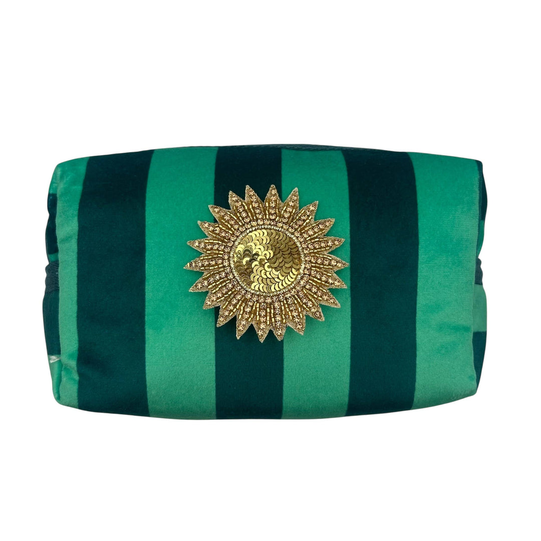 Teal stripe makeup bag & Sunshine brooch
