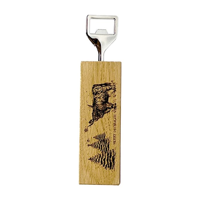 Oak Bottle Opener - Christmas Highland Cow