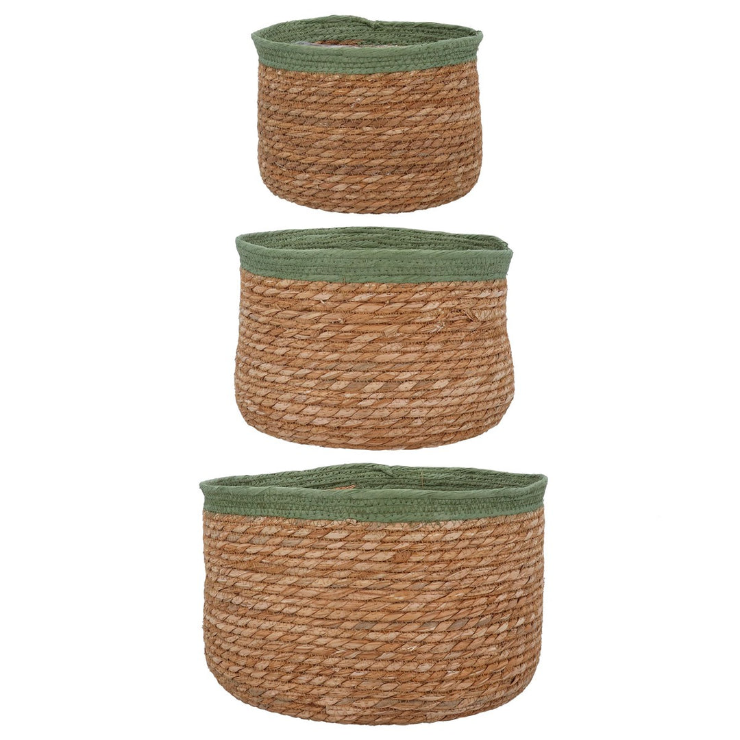 Green Trim Natural Woven Lined Tub Basket, S/3,  (LxWxD) 22x32x32cm