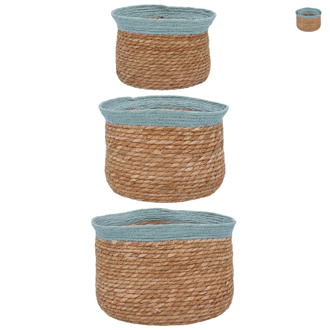 Blue Trim Natural Woven Lined Tub Basket, Set/3