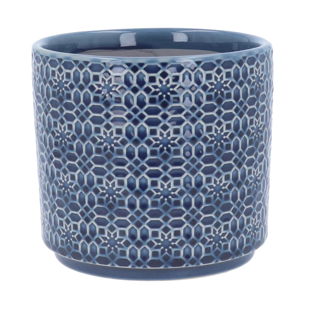 Navy Tile Design Stoneware Pot Cover, Lrg,