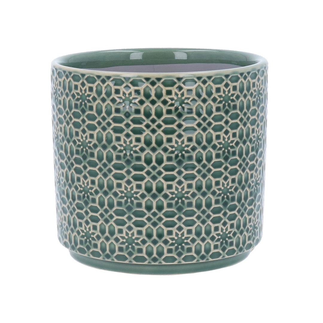 Green Tile Design Stoneware Pot Cover, Med,  (LxWxD) 15x17x17cm