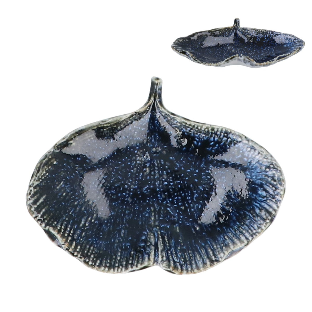Blue Reactive Stoneware Gingko Trinket Dish,  (LxWxD) 2x11x8cm