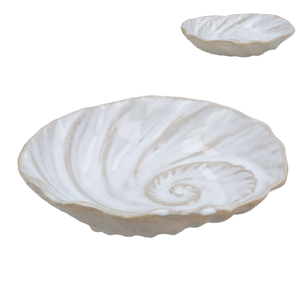 White Stoneware Spiral Shell Trinket Dish,  (LxWxD) 3x12x11cm