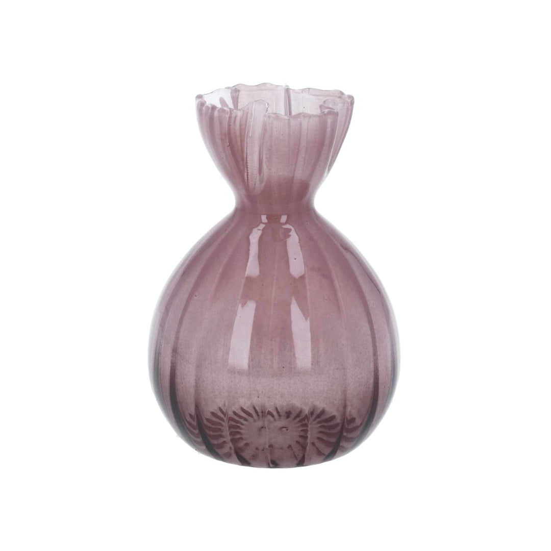 Mauve Glass Frill Top Bud Vase,  (LxWxD) 11x8x8cm