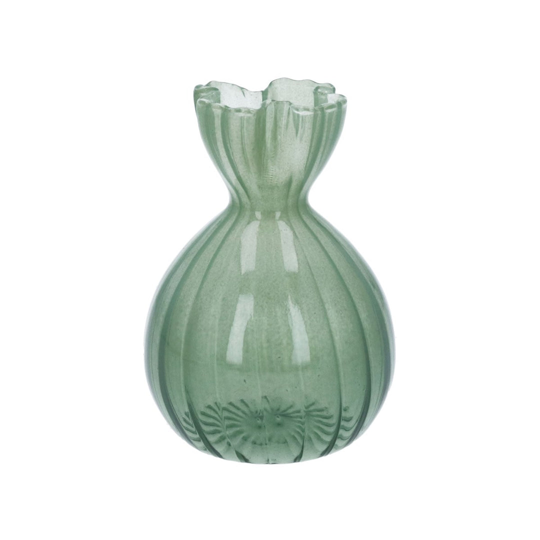 Green Glass Frill Top Bud Vase,  (LxWxD) 11x8x8cm