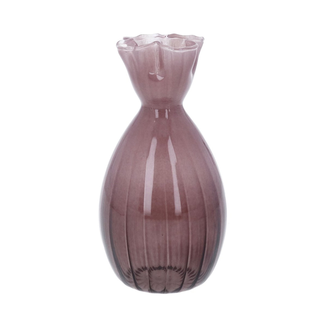 Mauve Glass Frill Top Tall Bud Vase,  (LxWxD) 13.5x7x7cm