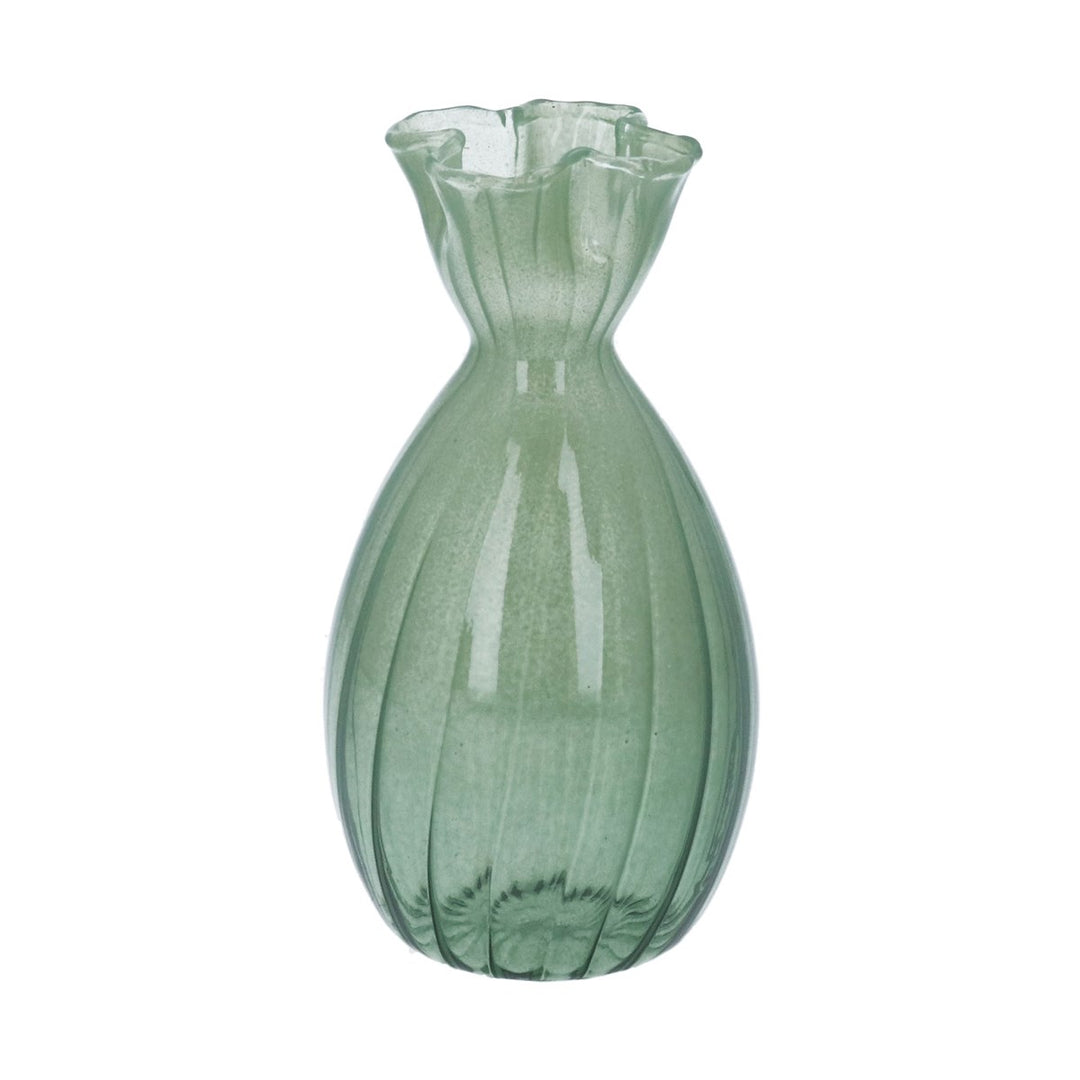 Green Glass Frill Top Tall Bud Vase,  (LxWxD) 13.5x7x7cm