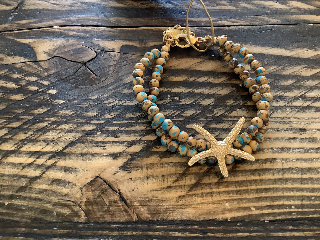 B - Starfish Motif on Weathered Beads - Turq/M.Gold