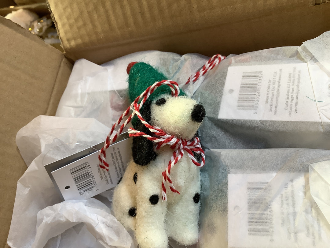 Mixed Wool Dec, 12cm - Dog w Elf Hat, 2as