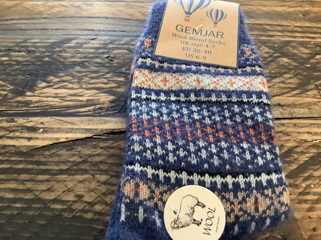Blue Patterned Wool Blend Socks