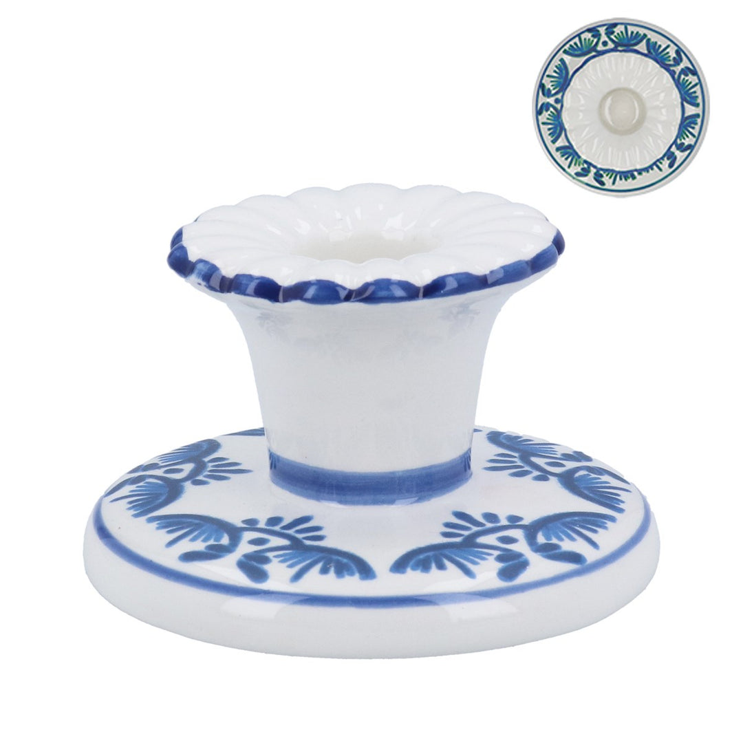 Blue Folk Ceramic Short Candlestick Holder,  (LxWxD) 6x9.3x9.3cm