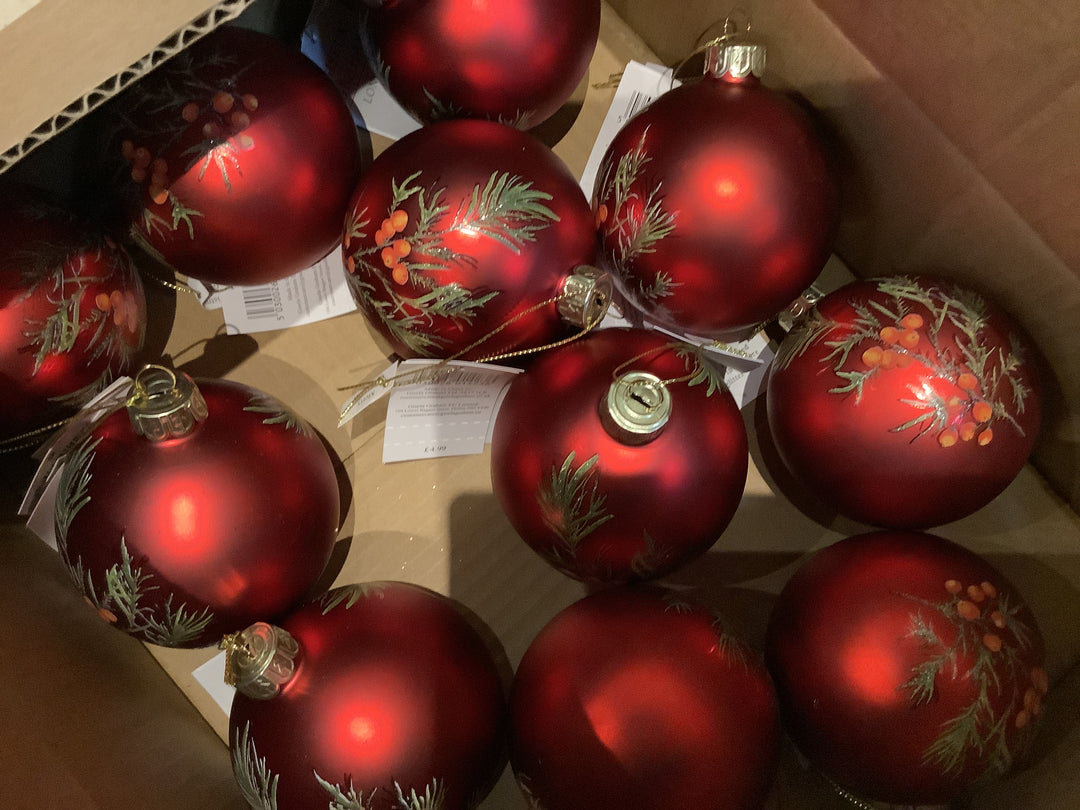 Glass Ball, 8cm - Matt Red - Fir & Red Berries