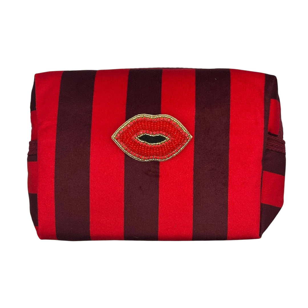 Large red stripe makeup bag & Beaded Lips Brooch