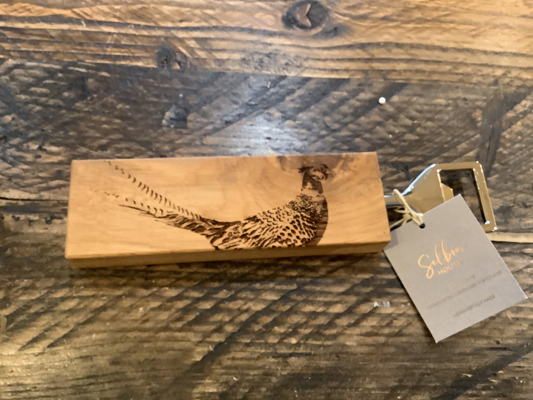 Etched Pheasant Oak Bottle Opener