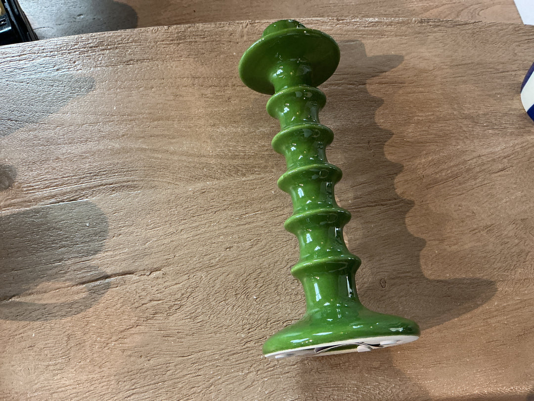 Green Ceramic Hooped Candlestick, Lrg,  (LxWxD) 22x8.5x8.5cm