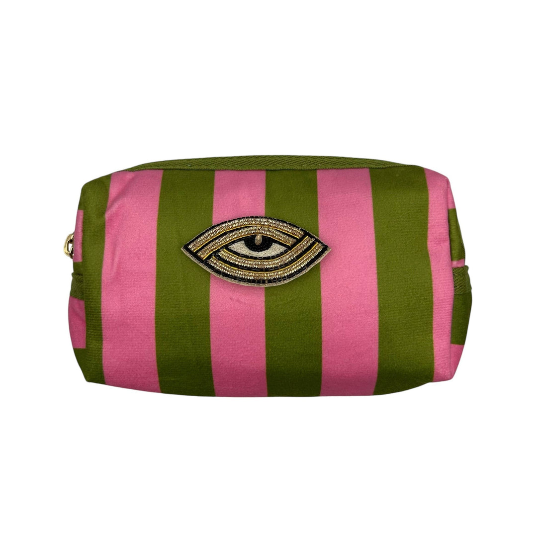 Chartreuse stripe makeup bag & Linear Eye Brooch