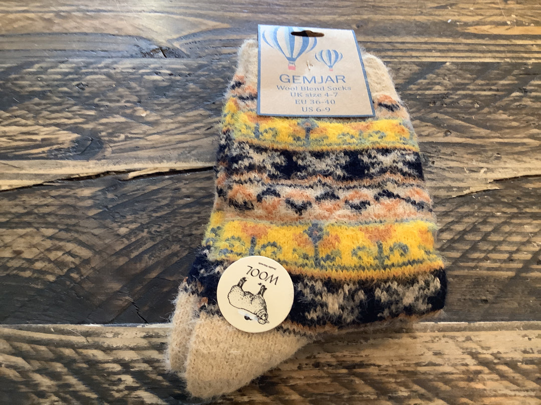 Yellow and Blue Tone Ribbon patterned wool blend socks