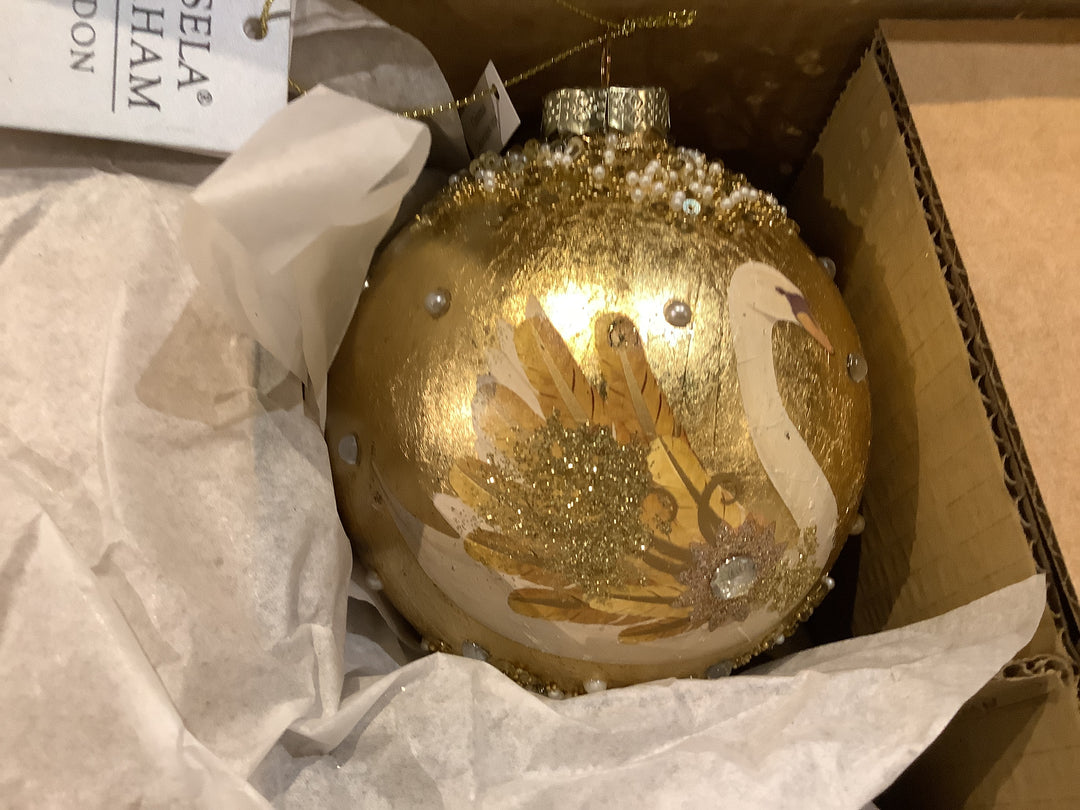 Glass Ball, 10cm - Gold Leaf/Jewels - Swan