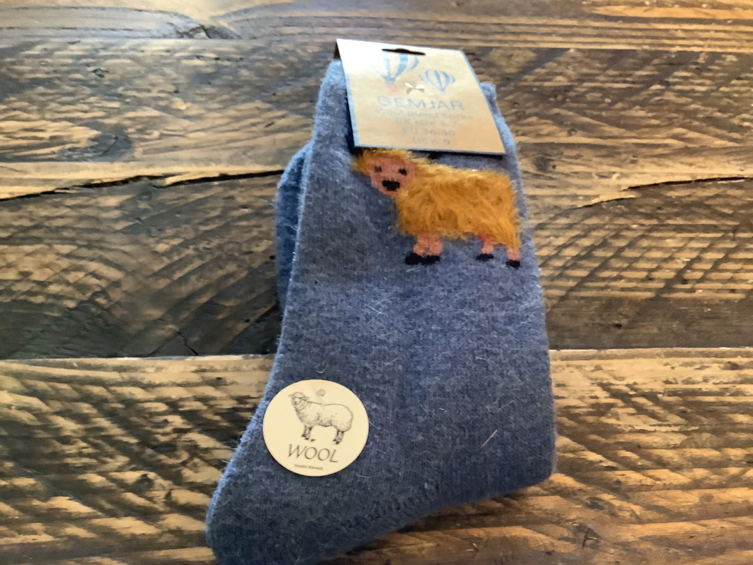 Dark Blue Fluffy Highland Cow Socks size 4-7