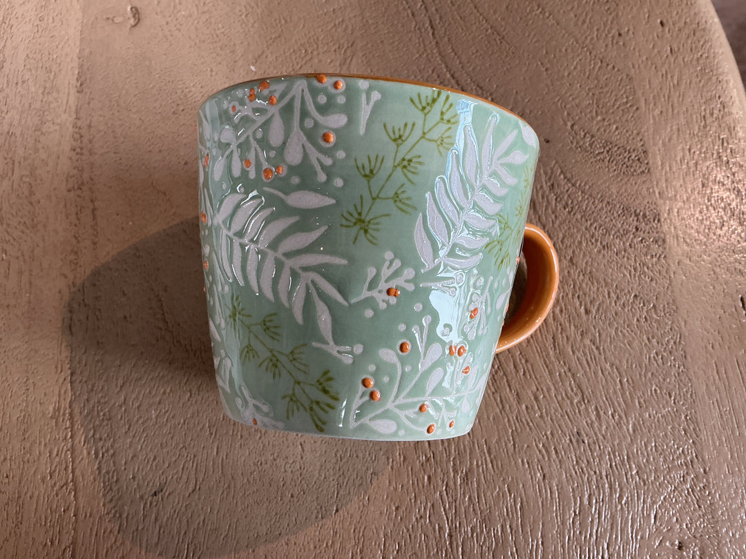 Pale Green Botanical Stoneware Mug,  (LxWxD) 12.5x9.5x8.3cm