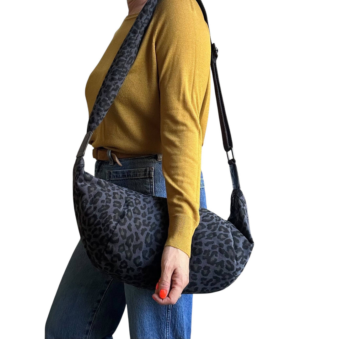 Brixton cross body sling bag - blue leopard print: Large