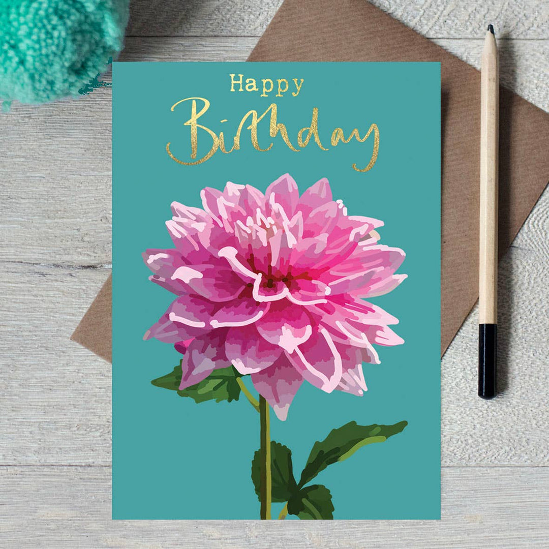 DAL 04 - Happy Birthday Pink Dahlia Greeting Card with Gold 