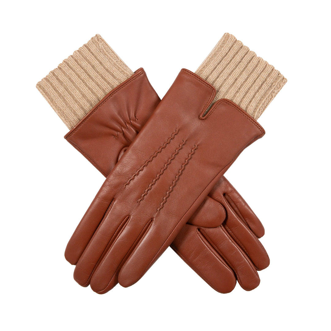 LEATHER GLOVE PROTRUDING KNIT CUFF COGNAC/CAMEL S
