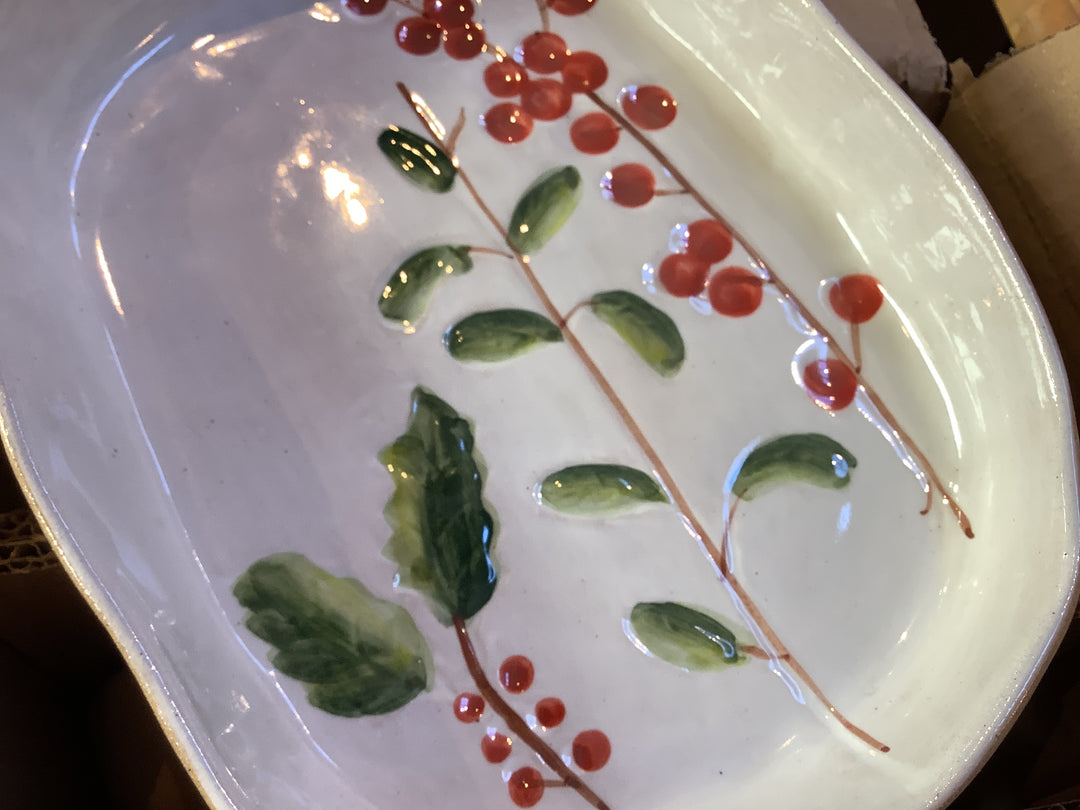 Stoneware Oval Dish - Holly & Red Berries