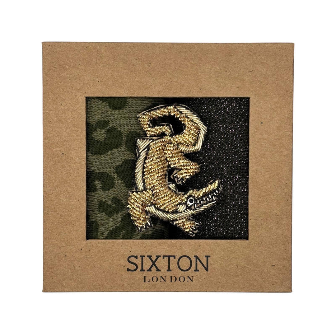 Ivy Leopard & Ivy Tokyo sock box duo with Crocodile Brooch