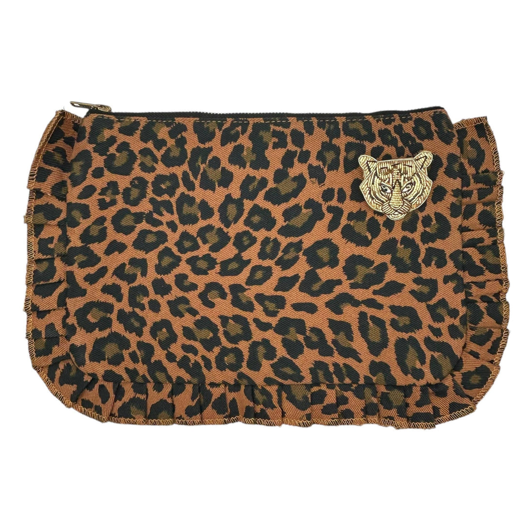 Frill Leopard Print Makeup Bag  with Tiger Head Brooch