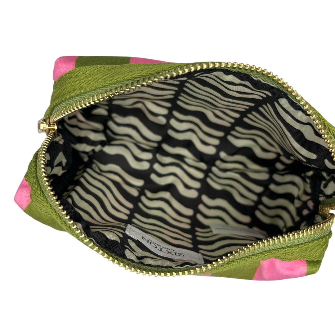 Chartreuse stripe makeup bag & Linear Eye Brooch