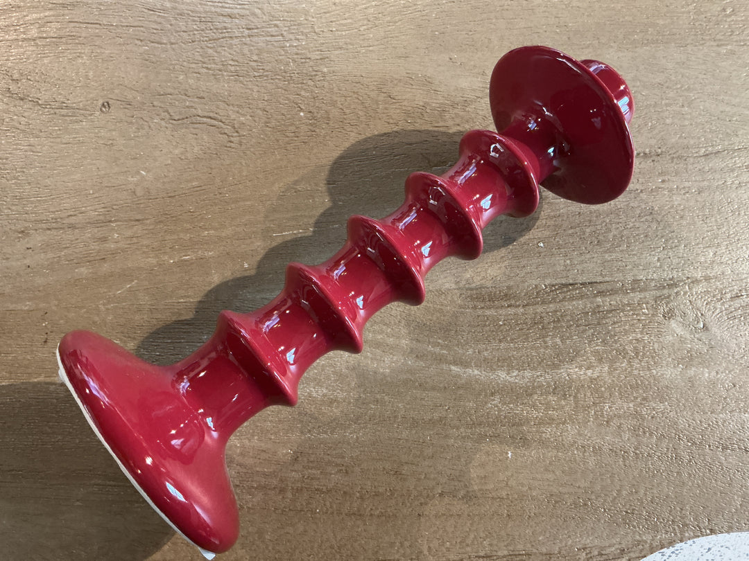 Dk Red Ceramic Hooped Candlestick, Lrg,  (LxWxD) 22x8.5x8.5cm