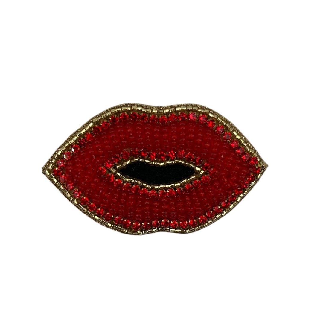 Large red stripe makeup bag & Beaded Lips Brooch